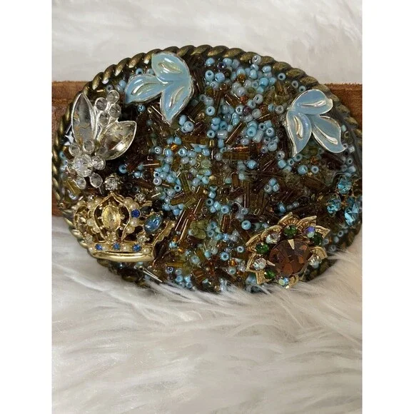 Genuine Leather Belt Women Size 38 Rhinestone Oval Buckle Brown Western - Picture 2 of 10